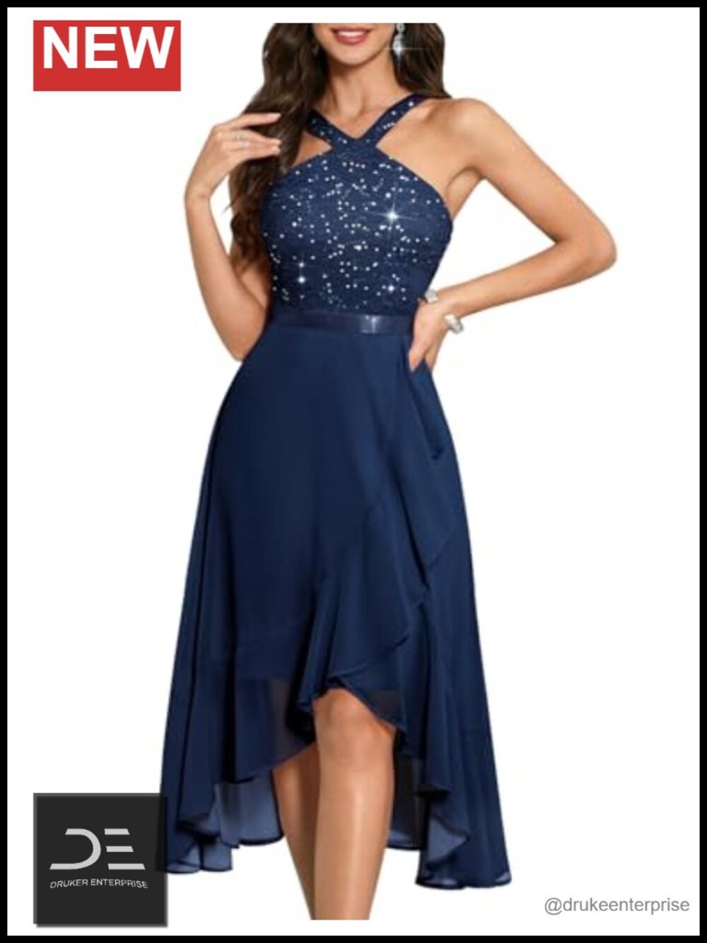 Halter A-Line Hi-Lo Sequin Chiffon Formal Cocktail Prom Dress
